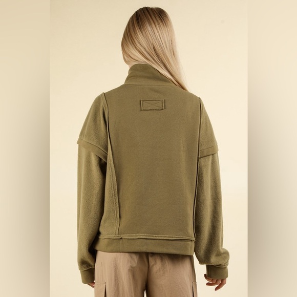 Olive green mock neck half zip raw hem boho bohemian tunic top shirt Henley pu… - Picture 2 of 7